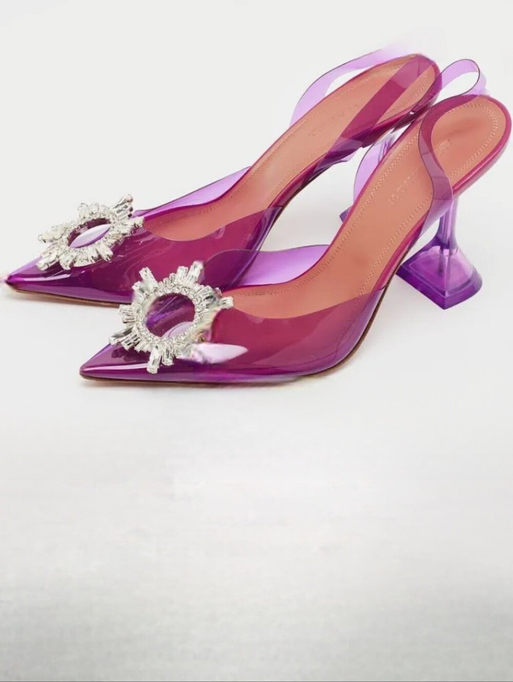 Amina Muaddi Purple Transparent Pointed Slingback Heels with Jewel Accent